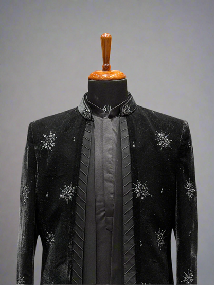 Black Velvet Indo-Western Set with Crystal Motif Detailing
