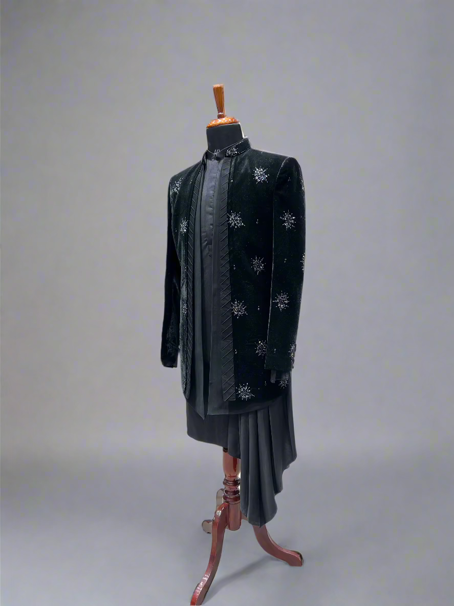 Black Velvet Indo-Western Set with Crystal Motif Detailing