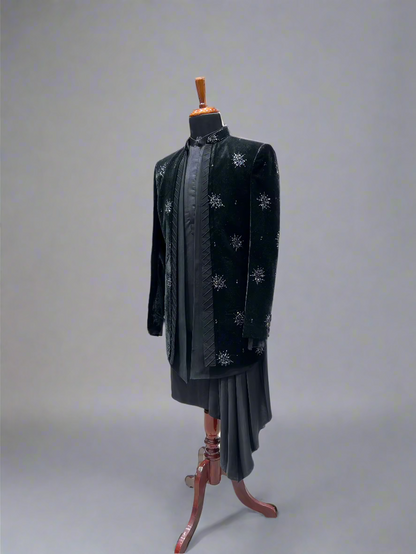 Black Velvet Indo-Western Set with Crystal Motif Detailing