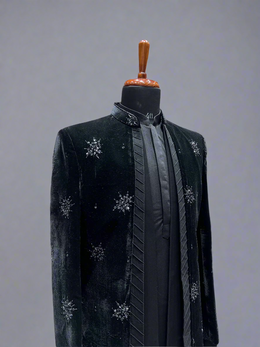 Black Velvet Indo-Western Set with Crystal Motif Detailing