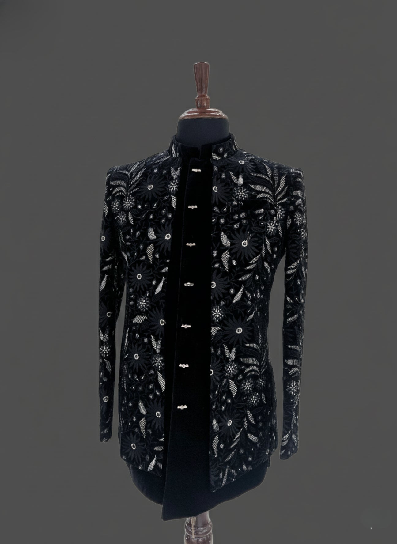Black Velvet Indo Western Suit with Heavy Floral Embroidery