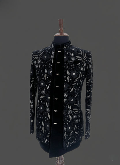Black Velvet Indo Western Suit with Heavy Floral Embroidery