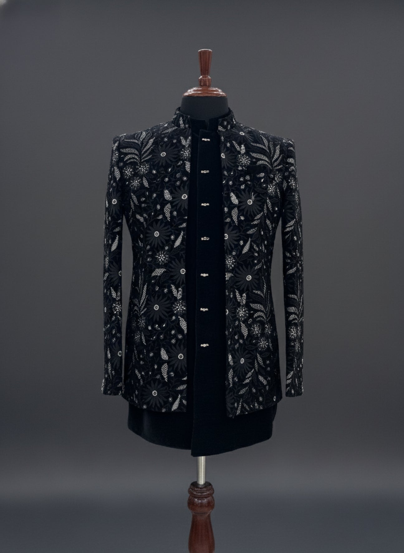Black Velvet Indo Western Suit with Heavy Floral Embroidery
