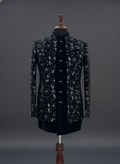 Black Velvet Indo Western Suit with Heavy Floral Embroidery
