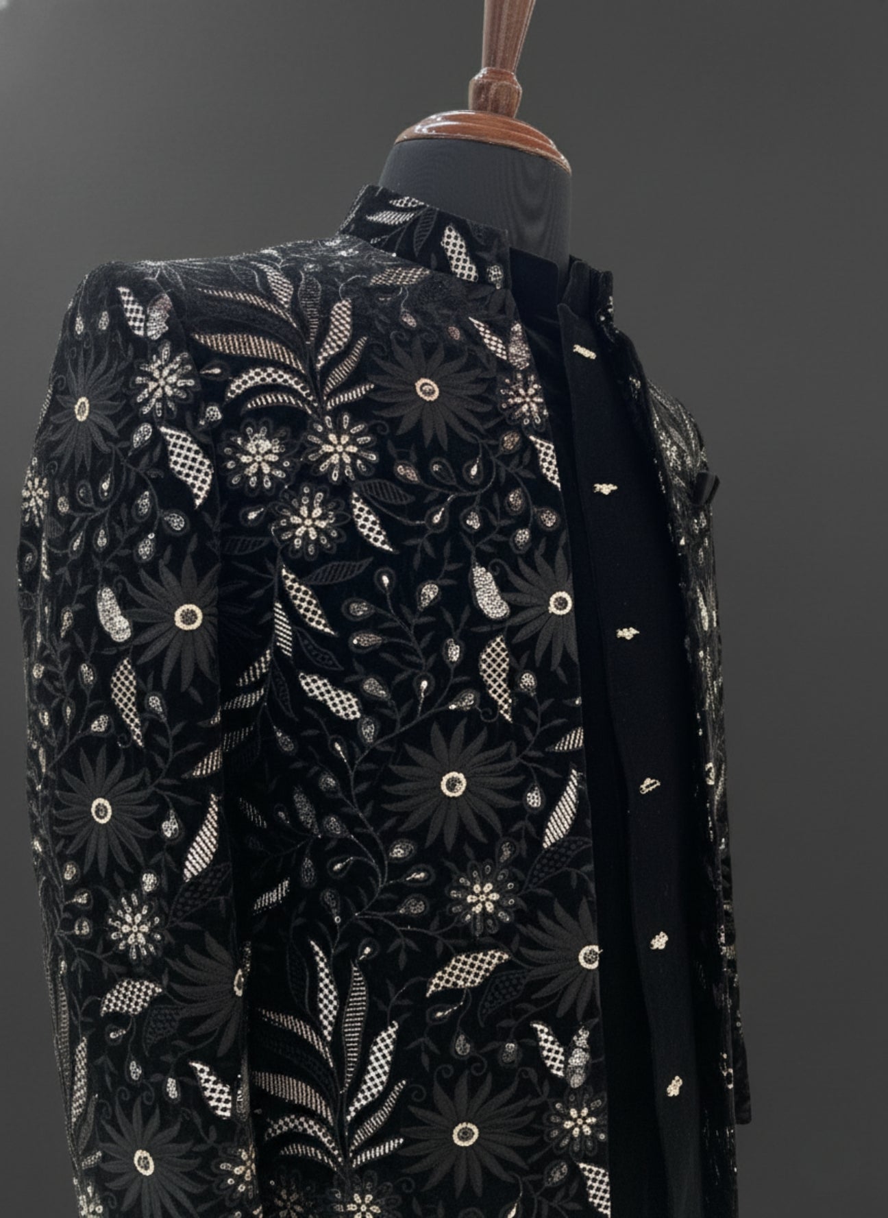 Black Velvet Indo Western Suit with Heavy Floral Embroidery