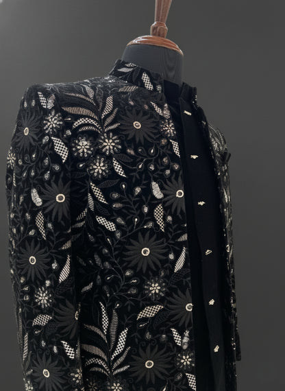 Black Velvet Indo Western Suit with Heavy Floral Embroidery