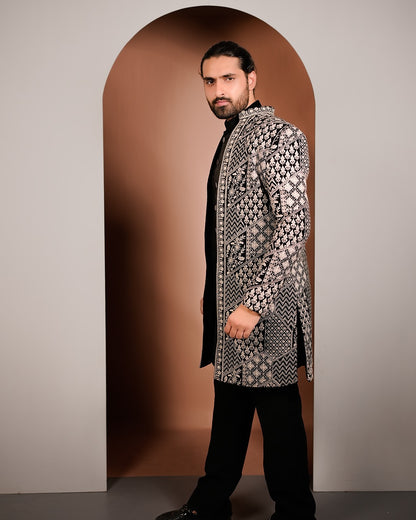 Black Velvet Indo Western with Silver Embroidered Jacket