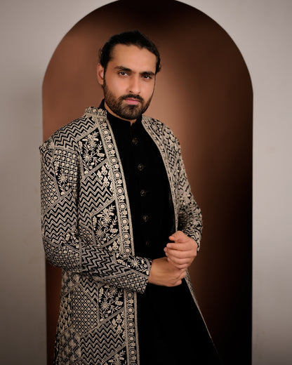 Black Velvet Indo Western with Silver Embroidered Jacket