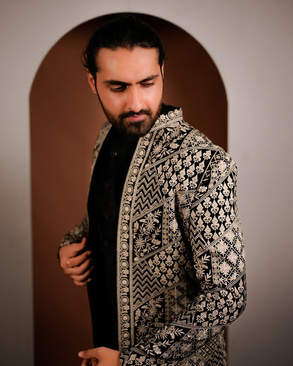 Black Velvet Indo Western with Silver Embroidered Jacket