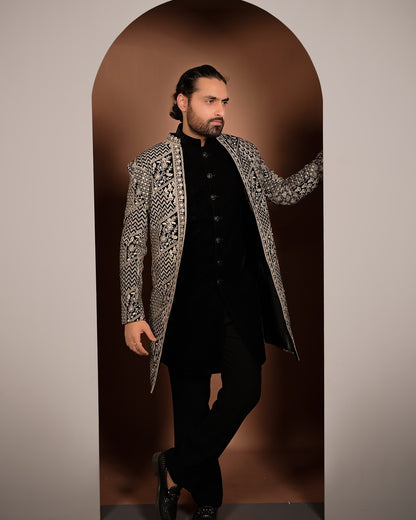 Black Velvet Indo Western with Silver Embroidered Jacket
