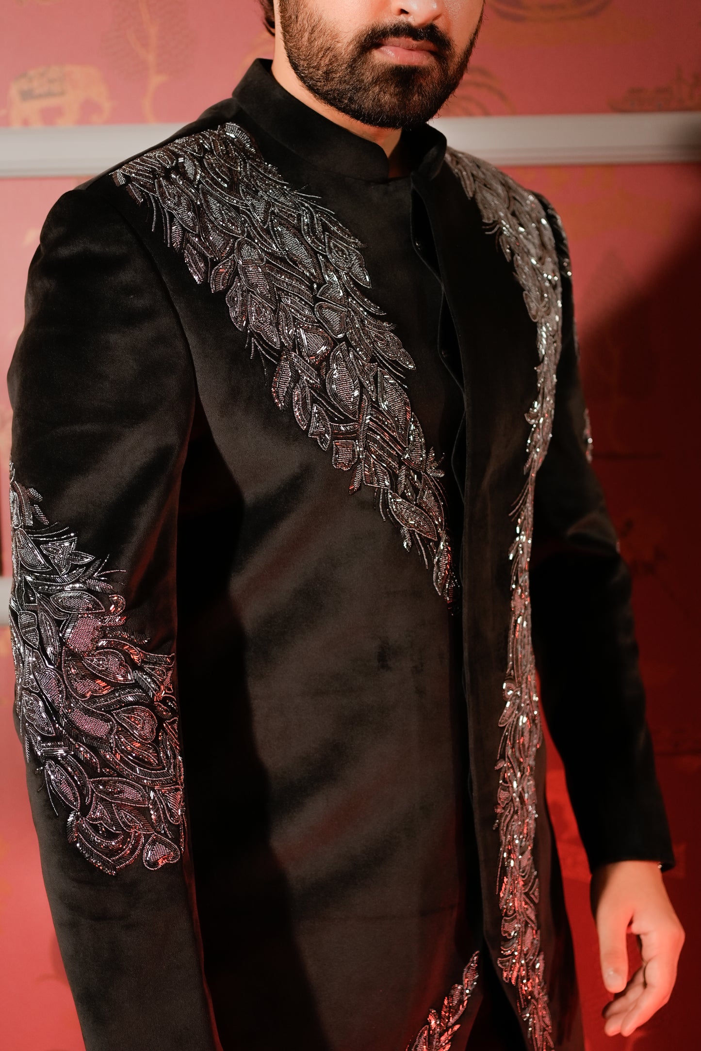Black Velvet Jodhpuri Suit with Silver Embroidery