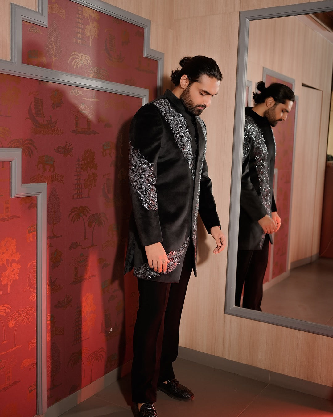 Black Velvet Jodhpuri Suit with Silver Embroidery
