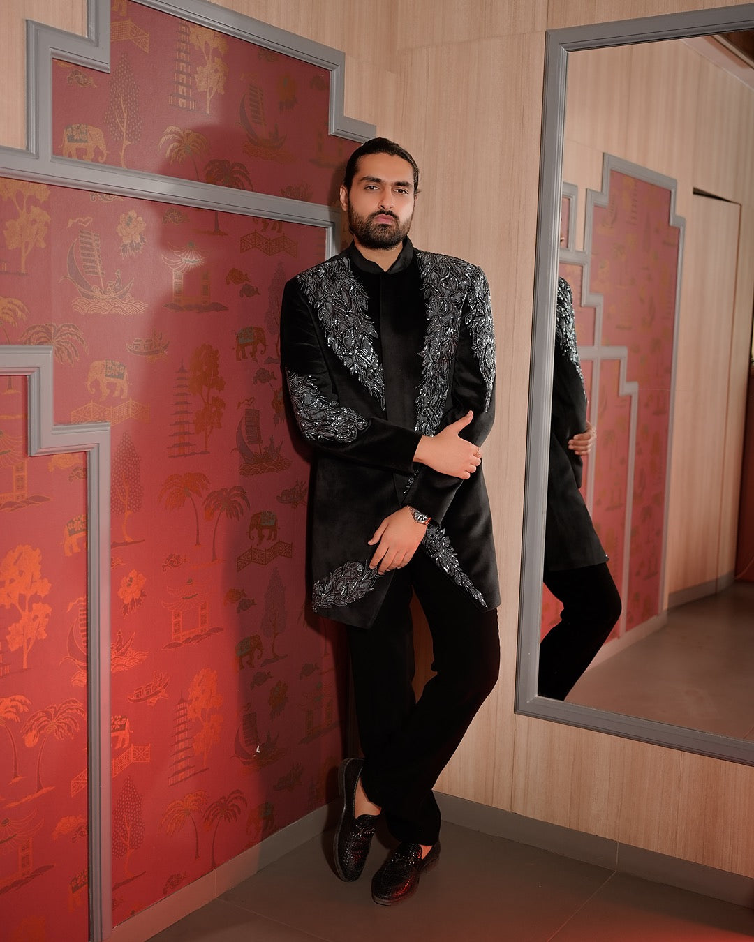 Black Velvet Jodhpuri Suit with Silver Embroidery