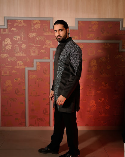 Black Velvet Jodhpuri Suit with Silver Embroidery