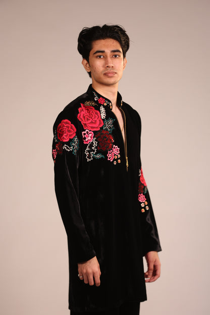 Black Velvet Rose Embroidered Contemporary Kurta Set