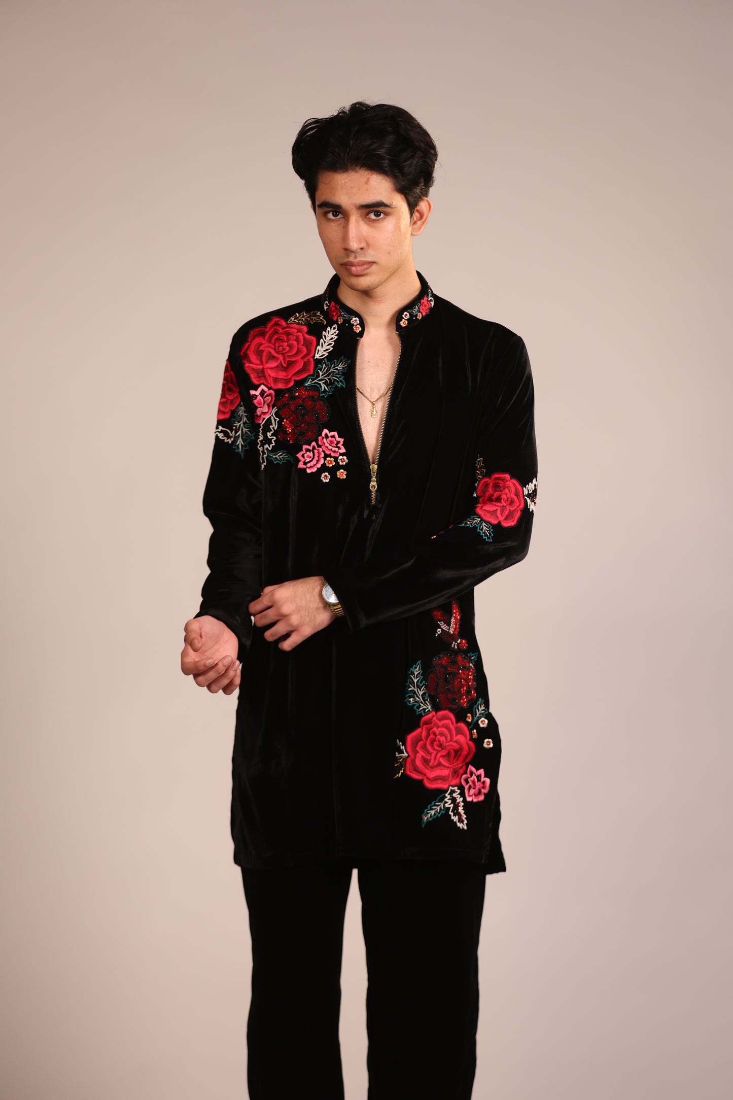 Black Velvet Rose Embroidered Contemporary Kurta Set