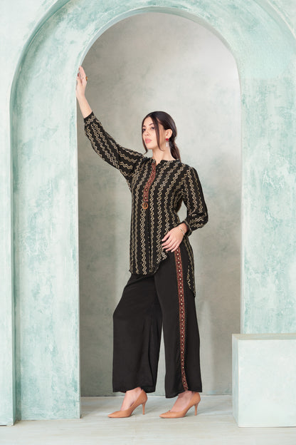 Black Zigzag Print Co-Ord Set with Embroidered Panel Detailing