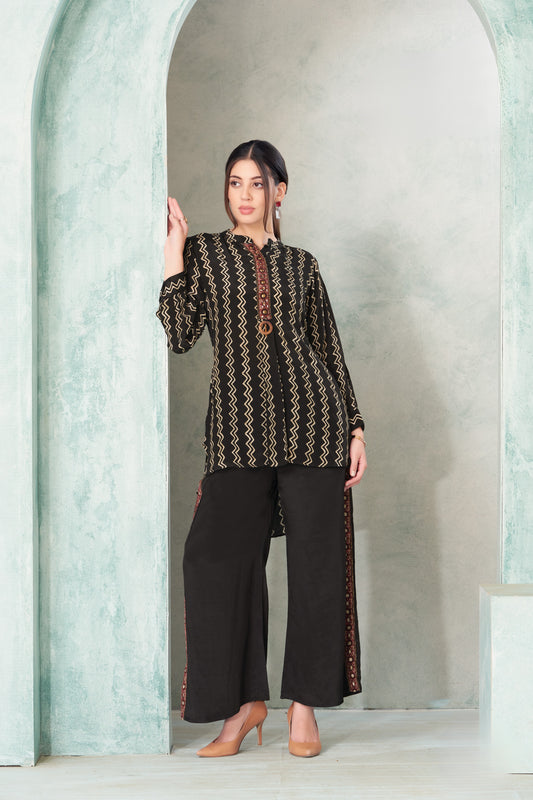 Black Zigzag Print Co-Ord Set with Embroidered Panel Detailing