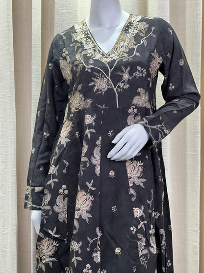 Black & Beige Floral Embroidered Anarkali Suit