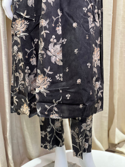 Black & Beige Floral Embroidered Anarkali Suit