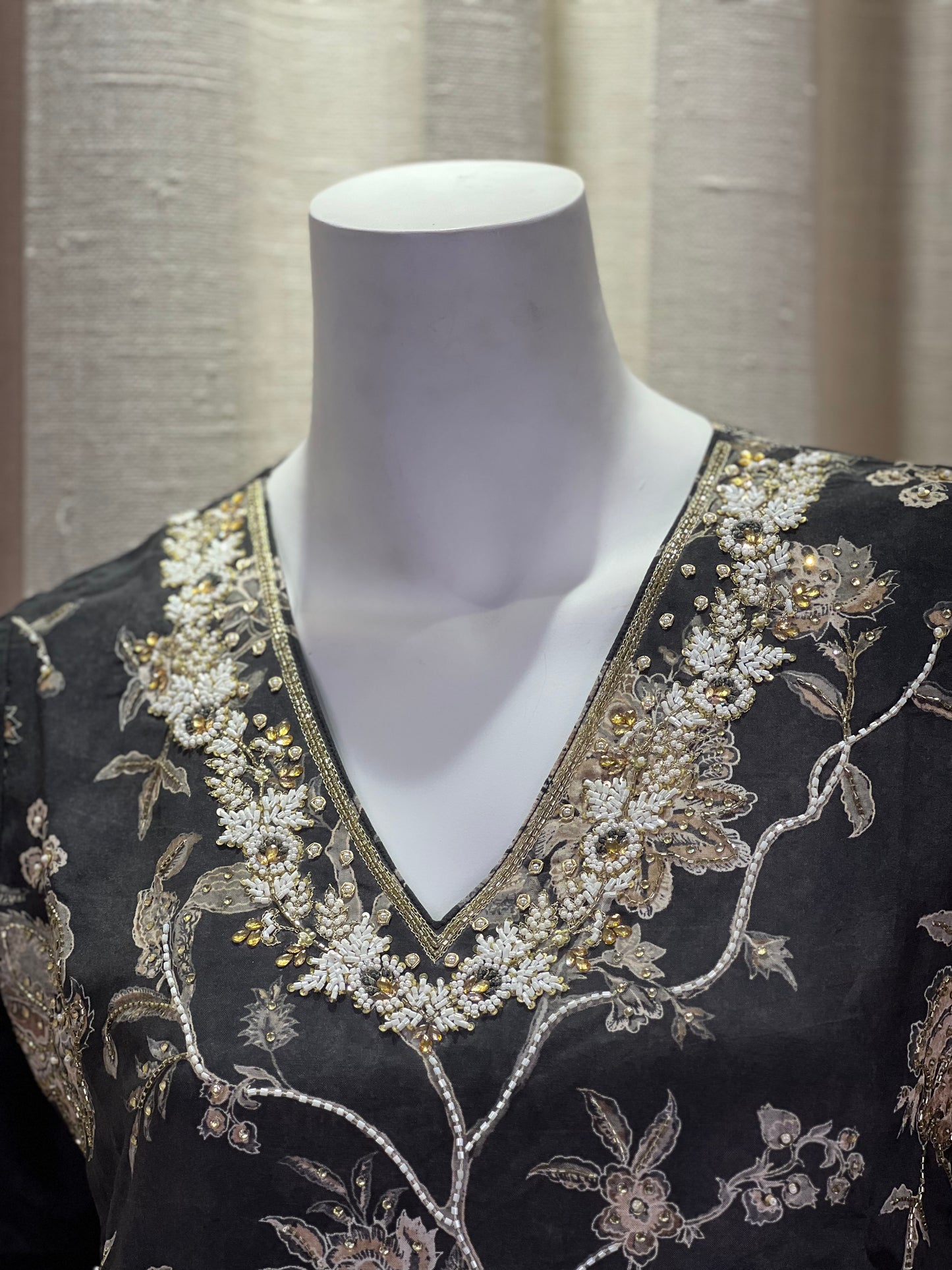 Black & Beige Floral Embroidered Anarkali Suit