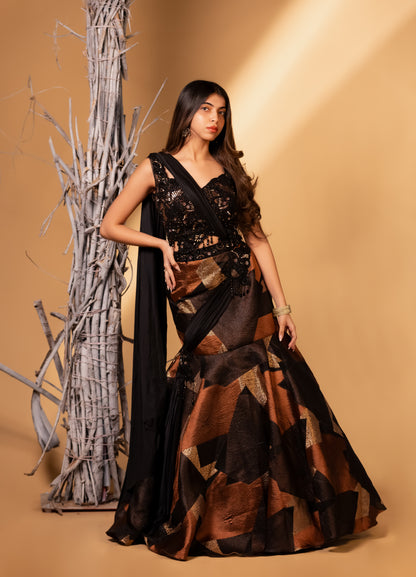 Black & Copper Metallic Geometric Mermaid Lehenga with Sequin Lace Blouse