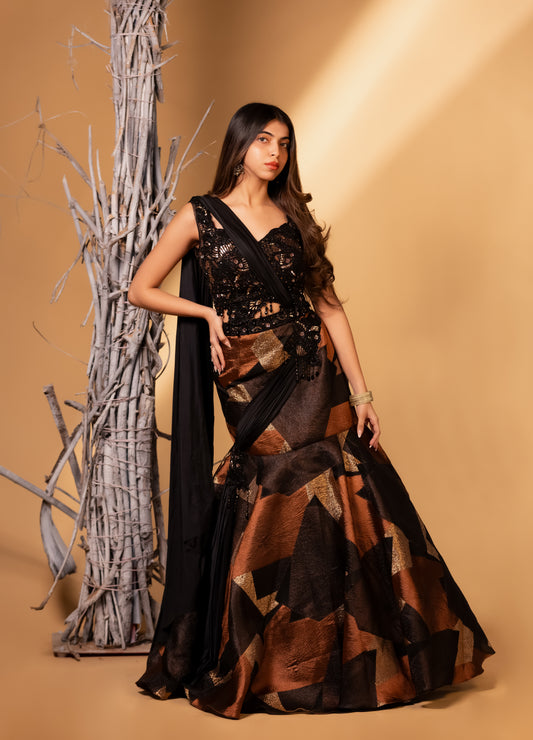 Black & Copper Metallic Geometric Mermaid Lehenga with Sequin Lace Blouse