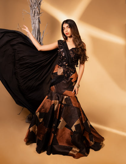 Black & Copper Metallic Geometric Mermaid Lehenga with Sequin Lace Blouse