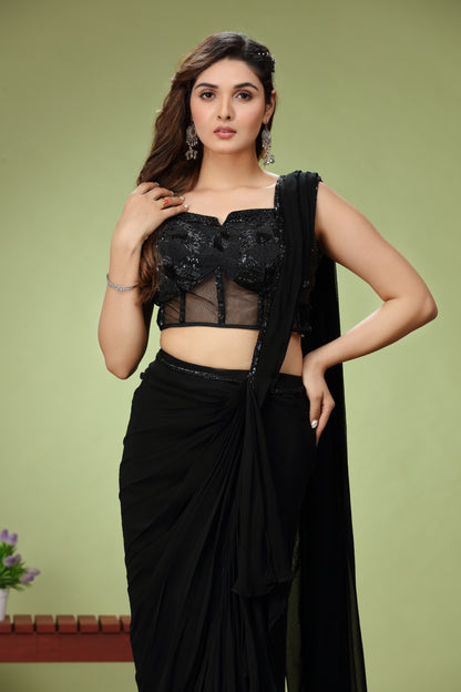 Black Georgette Designer Drape Saree With Sequins Work Blouses