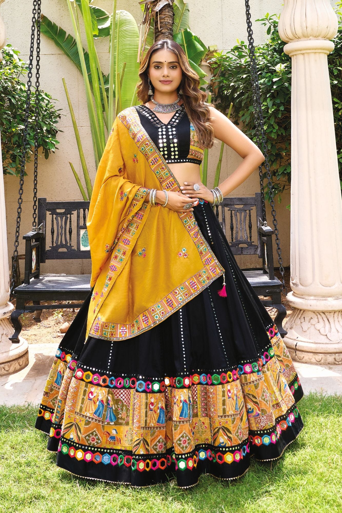 Black & Mustard Navratri Chaniya Choli with Kutchi Embroidery & Mirror Work