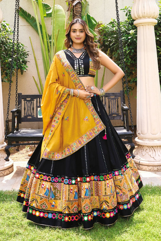 Black & Mustard Navratri Chaniya Choli with Kutchi Embroidery & Mirror Work
