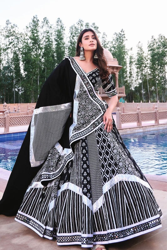 Black & Silver Foil Print Gujarati Chaniya Choli with Traditional Patterned Panels