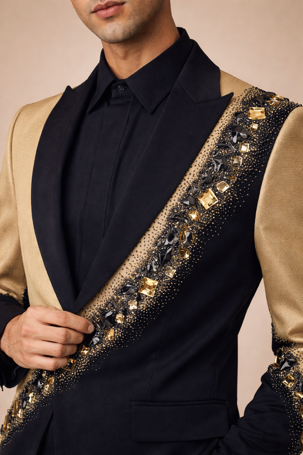 Black and Antique Gold Embellished Designer Tuxedo Blazer