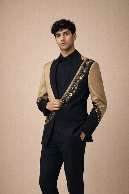 Black and Antique Gold Embellished Designer Tuxedo Blazer