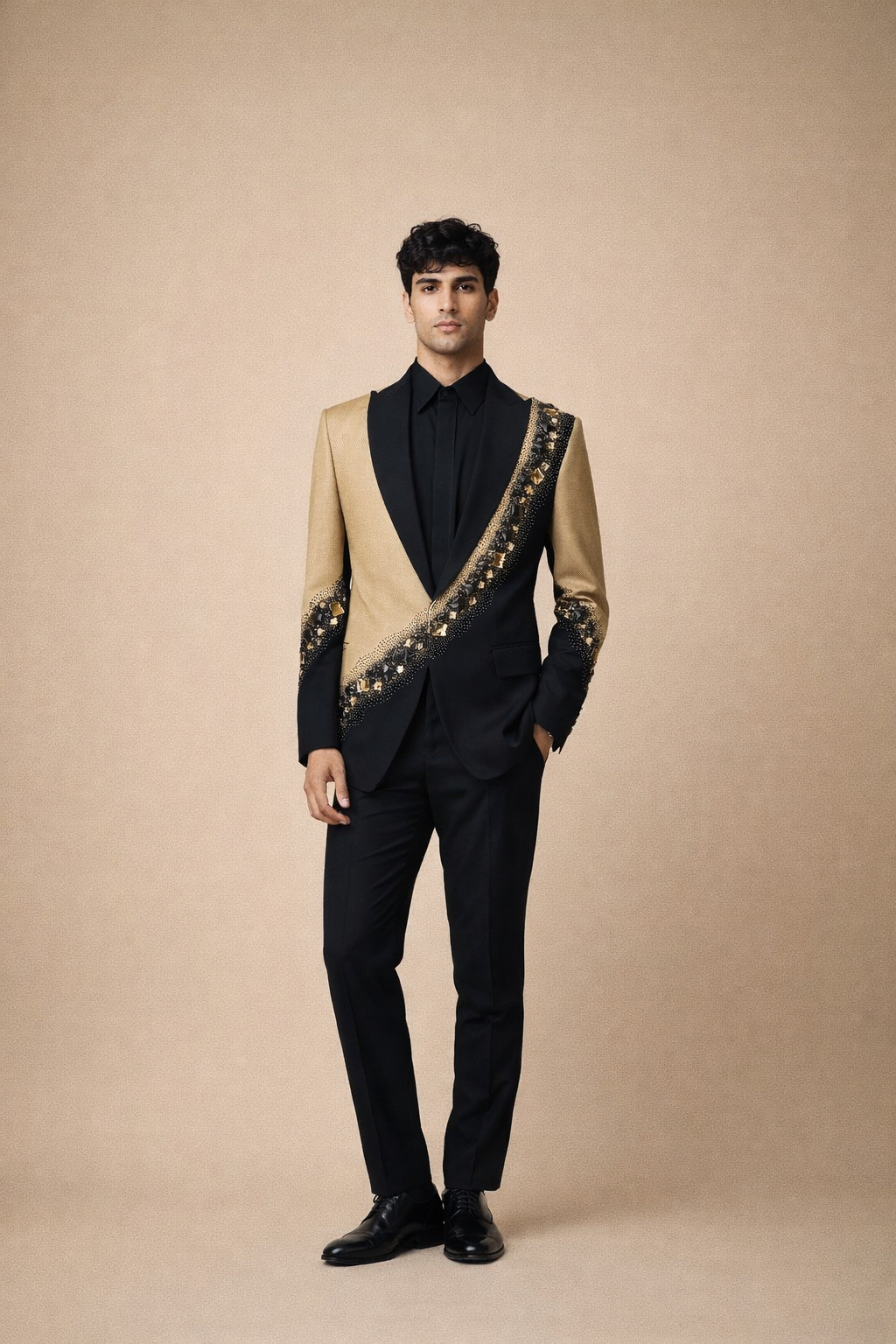 Black and Antique Gold Embellished Designer Tuxedo Blazer