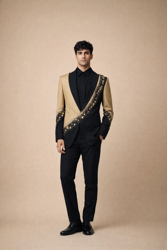 Black and Antique Gold Embellished Designer Tuxedo Blazer