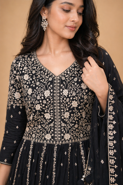 Black and Antique Gold Embroidered Anarkali Lehenga Set with Dupatta