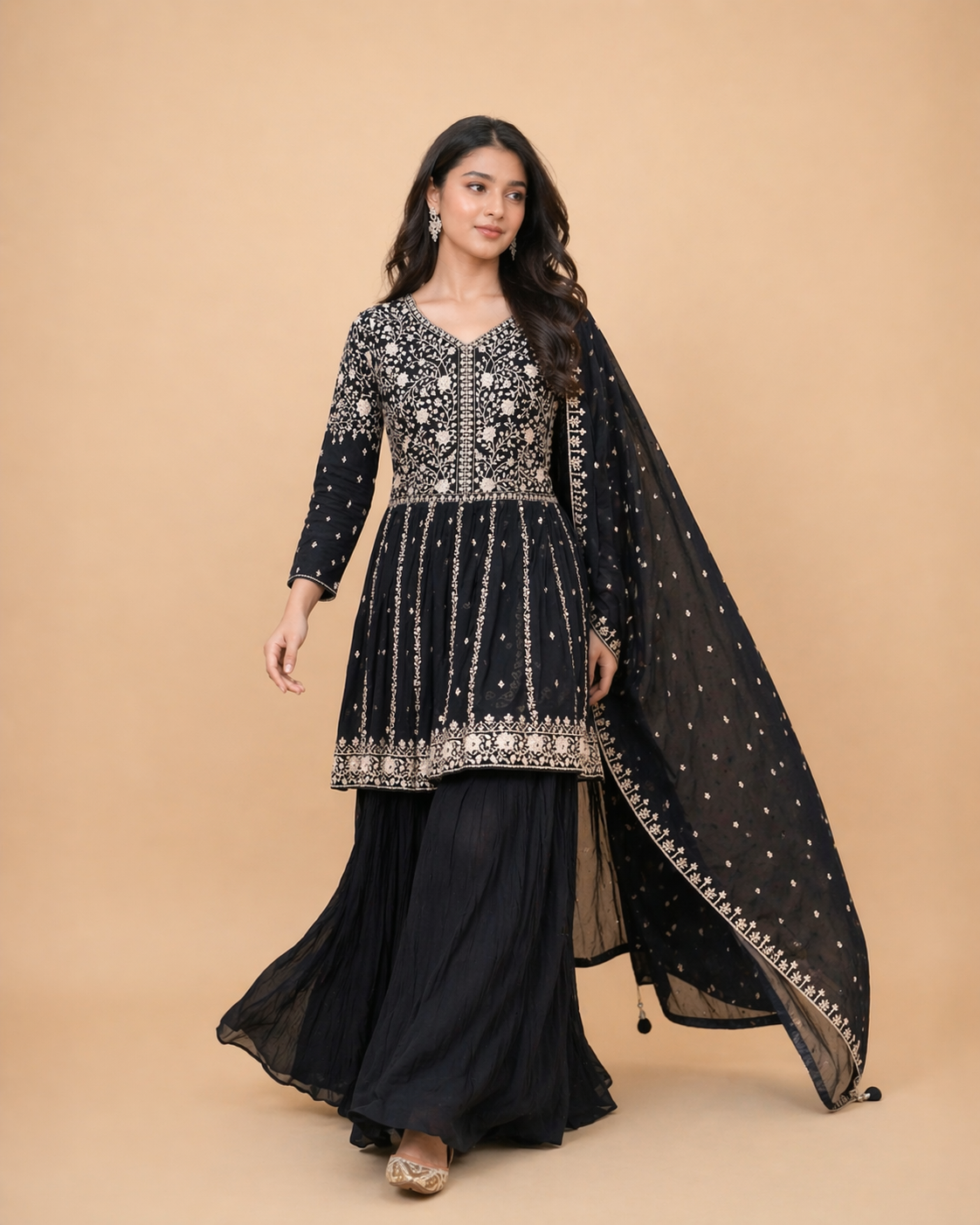 Black and Antique Gold Embroidered Anarkali Lehenga Set with Dupatta