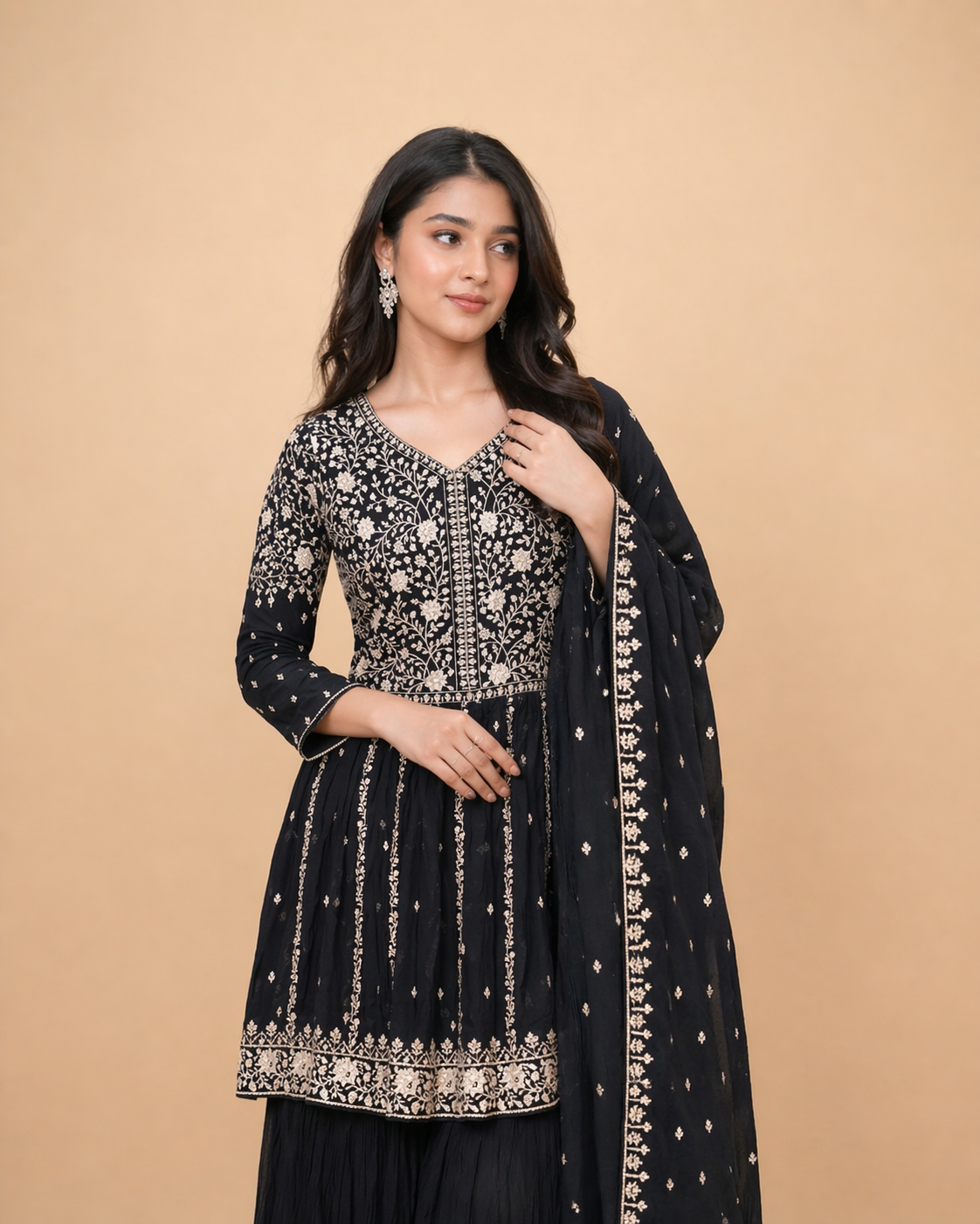 Black and Antique Gold Embroidered Anarkali Lehenga Set with Dupatta
