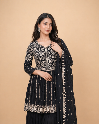 Black and Antique Gold Embroidered Anarkali Lehenga Set with Dupatta
