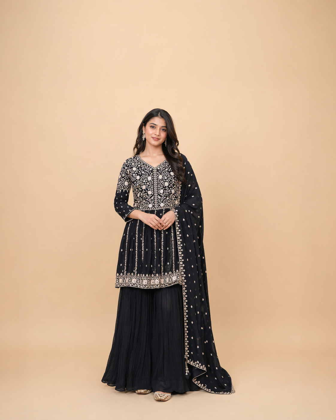 Black and Antique Gold Embroidered Anarkali Lehenga Set with Dupatta