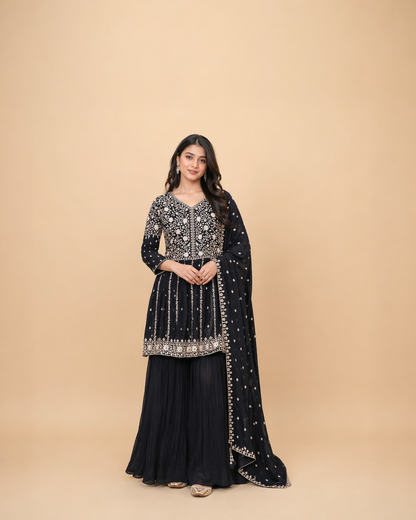 Black and Antique Gold Embroidered Anarkali Lehenga Set with Dupatta