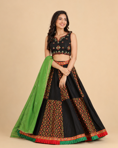 Black and Green Navratri Chaniya Choli with Kutchi Mirror Work and Printed Lehenga