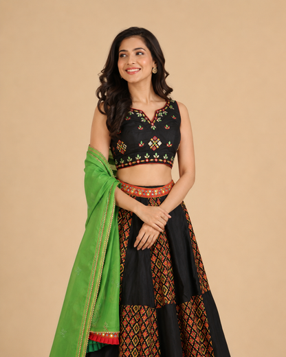 Black and Green Navratri Chaniya Choli with Kutchi Mirror Work and Printed Lehenga