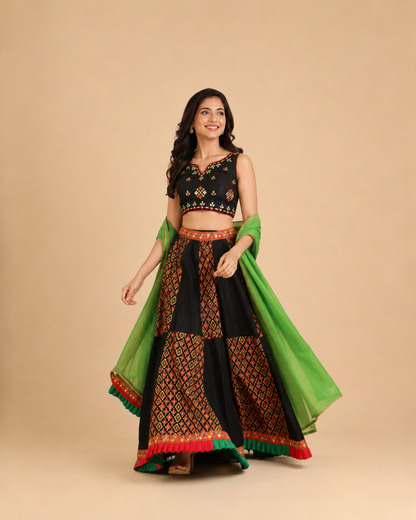 Black and Green Navratri Chaniya Choli with Kutchi Mirror Work and Printed Lehenga