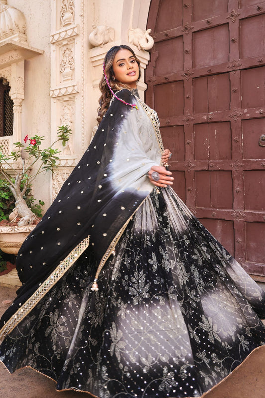 Black and Grey Ombre Gujarati Foil Print Navratri Chaniya Choli