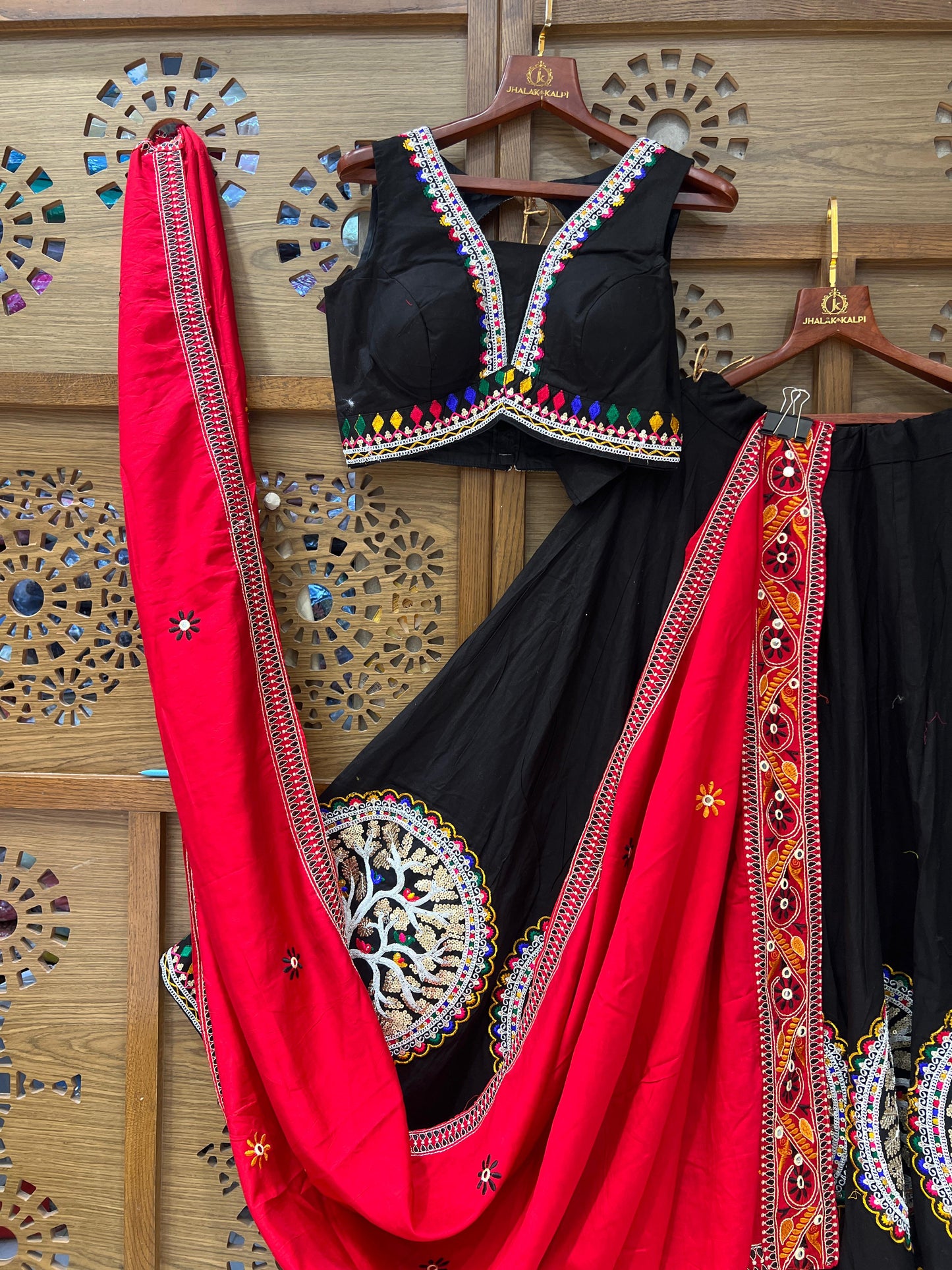 Black and Red Gujarati Navratri Chaniya Choli with Tree Embroidery