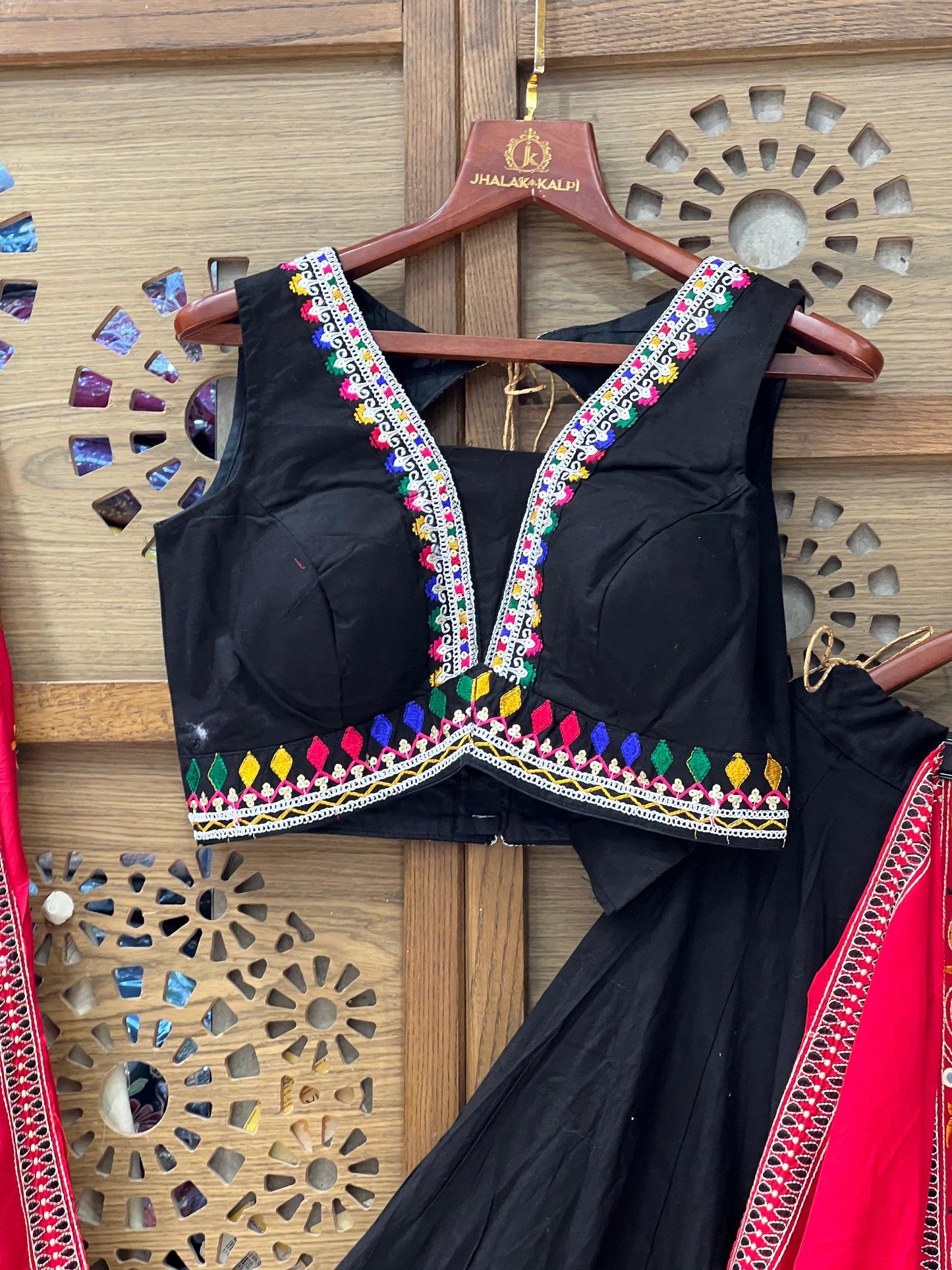Black and Red Gujarati Navratri Chaniya Choli with Tree Embroidery