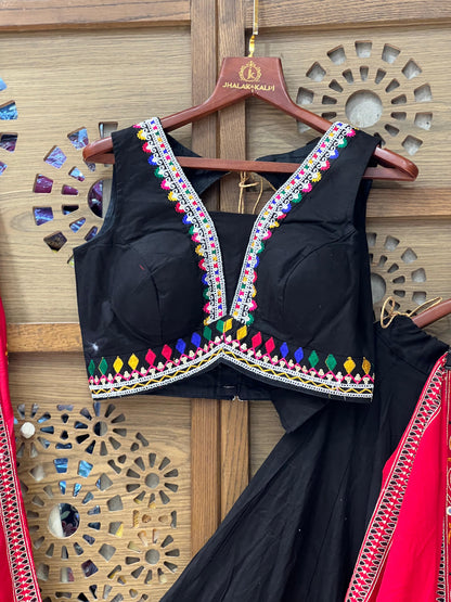 Black and Red Gujarati Navratri Chaniya Choli with Tree Embroidery