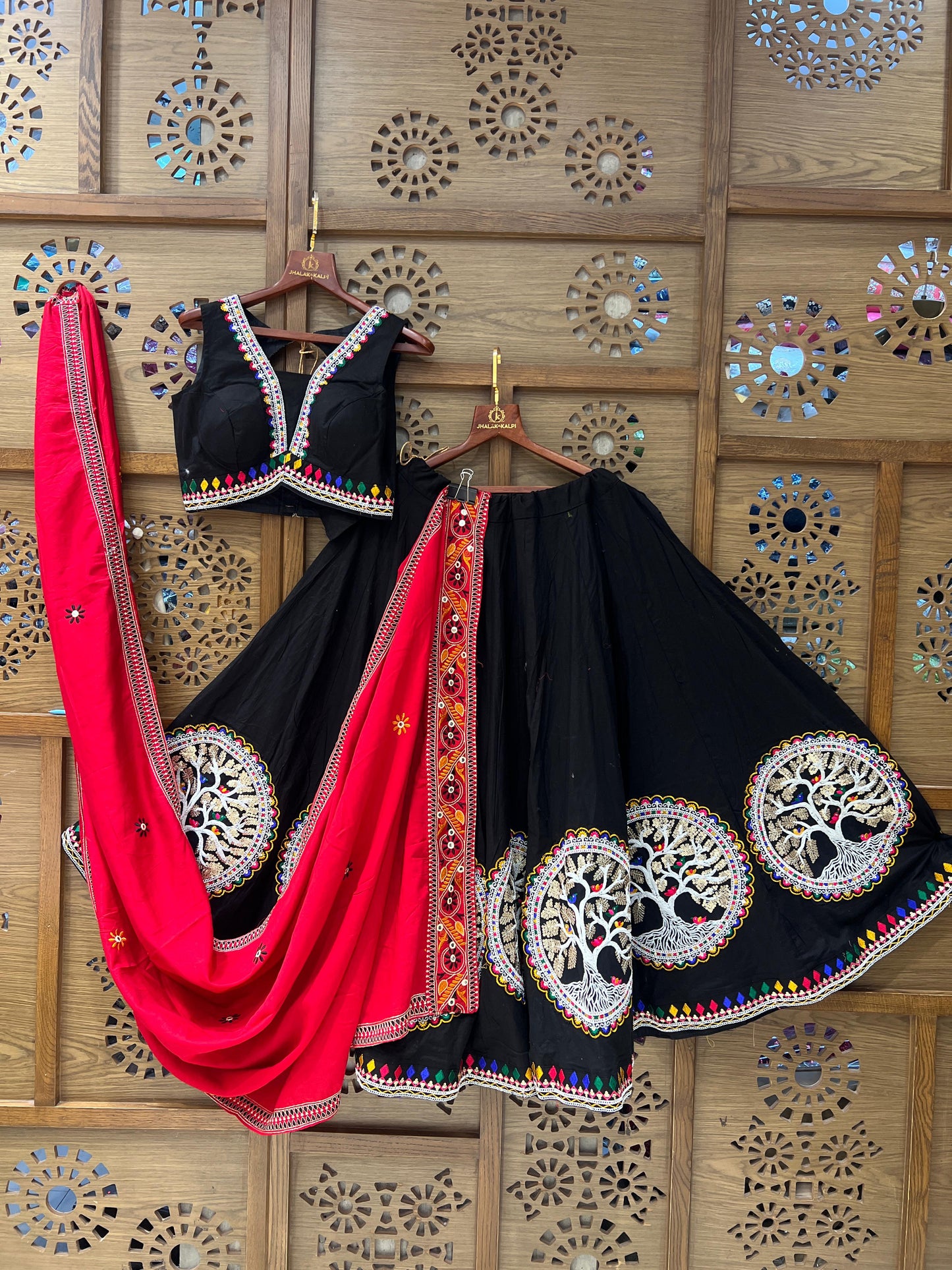 Black and Red Gujarati Navratri Chaniya Choli with Tree Embroidery